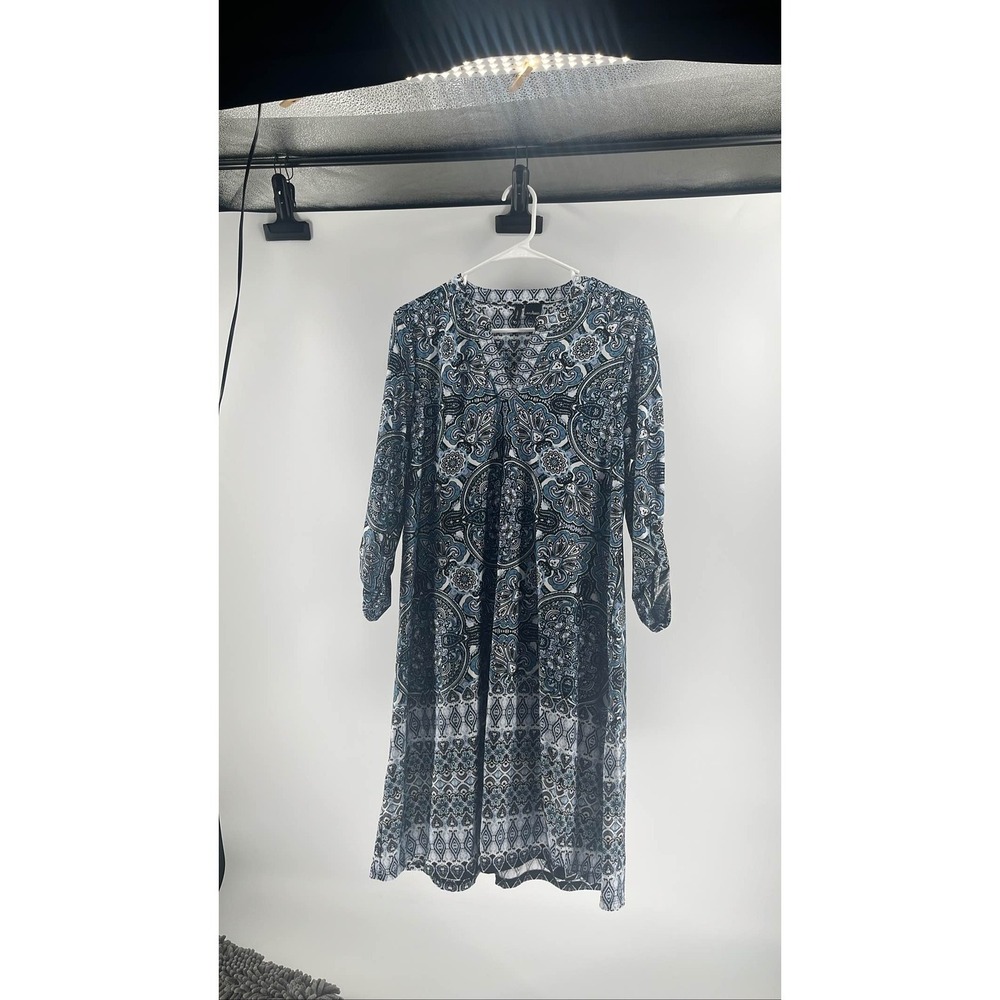New Directions Blue Paisley V-Neck 3/4 Sleeve‎ Shift Dress SZ L